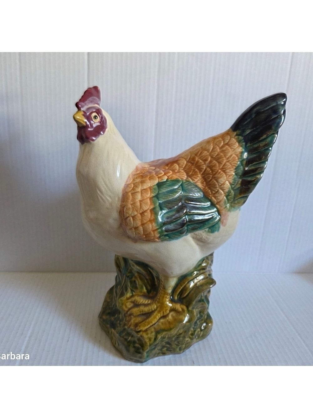 Vintage Large Mid-century French Majolica Earthenware Hand-painted Hen
